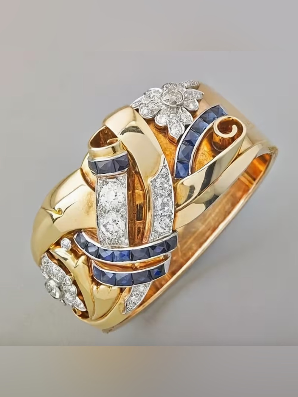 Elegant Gold Tone Blue & White Stone Statement Ring, - Picture 4 of 5